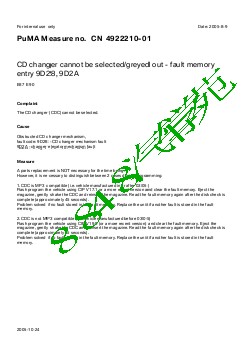 4922210-01 CD changer cannot be selected greyed out fault memory entry 9D28 9D2A