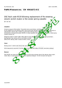 4961672-02 DSC fault code 9520 following replacement of the steering column switch cluster or the volute spring cassette