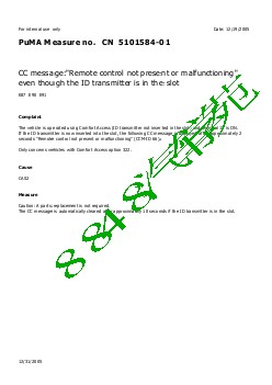 5101584-01 CC message Remote control not present or malfunctioning even though the ID transmitter is in the slot