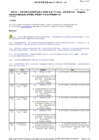 路虎极光 GTDi 2.0 升汽油机, 诊断故障代码： Engine Control Module (PCM), P0201-13 to P0480-13